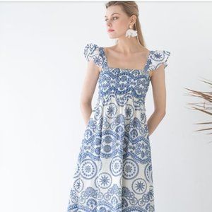 GOODNIGHT MACAROON | White eyelet midi sundress with cornflower blue embroidery